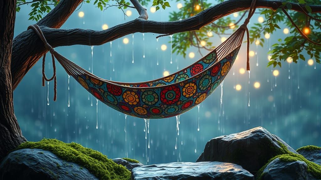 Whimsical Mosaic Hammock in a Starry Night Scene