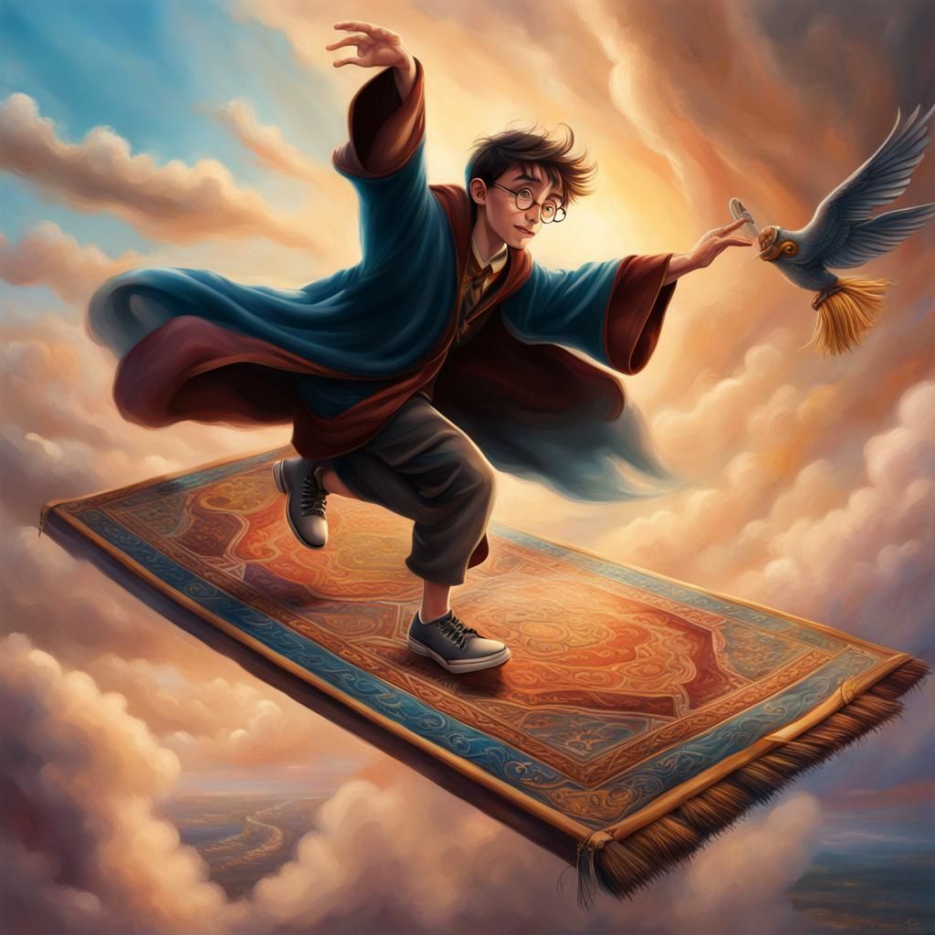 Harry Potter on Magic Carpet Over Hogwarts
