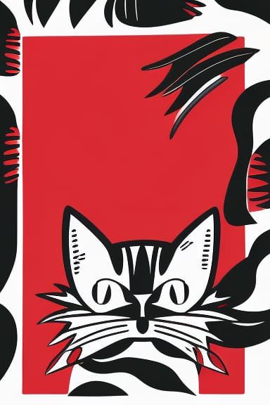 Black Winged Cat on Red: Simple Lines, Flat Colors