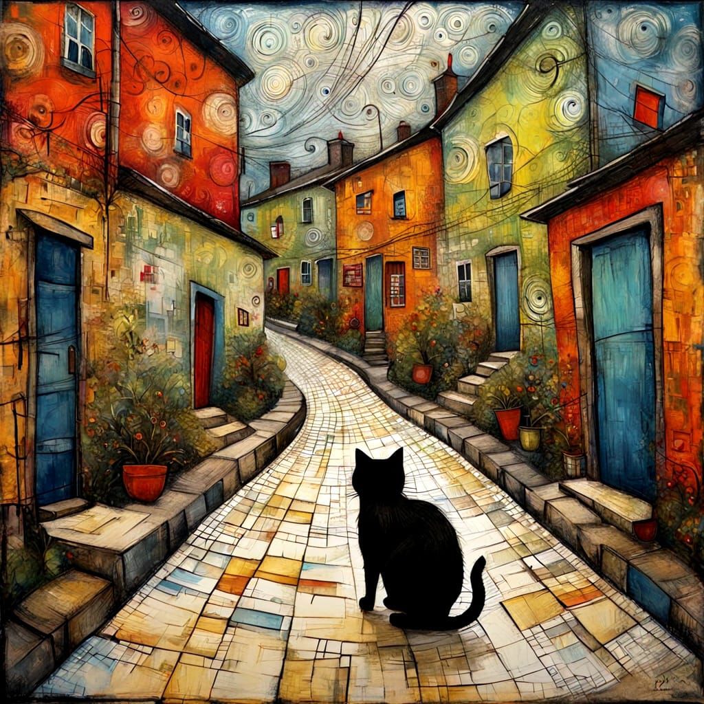 Cat in Village Alley, Textured Naive Encaustic Painting