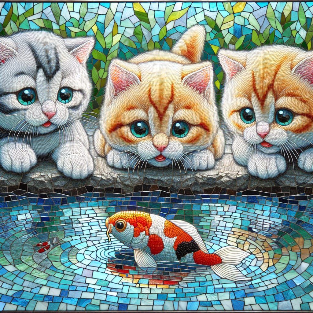 Stained Glass Mosaic of Kittens and Koi