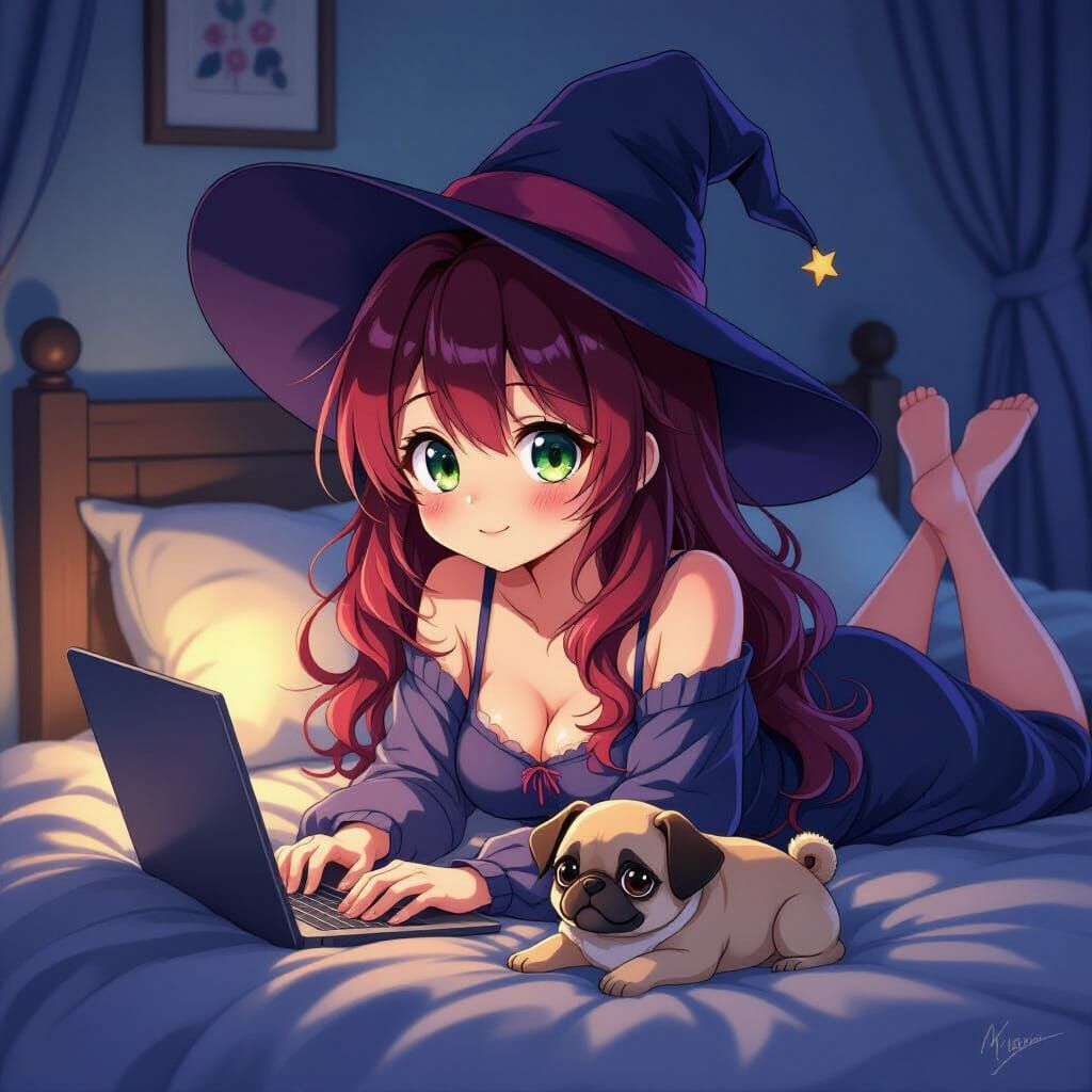 Crimson-Haired Anime Witch with Pug in Cel-Shaded Style