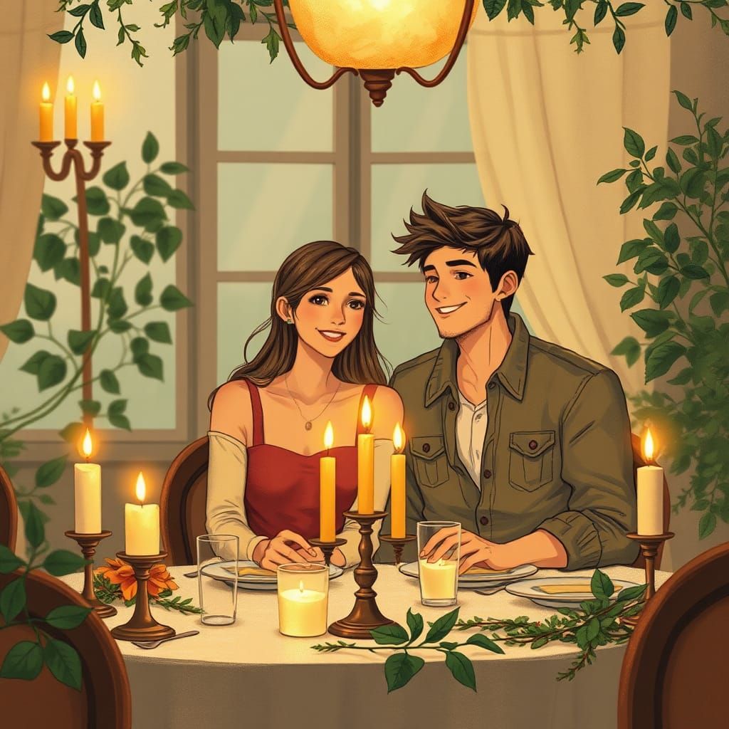 Romantic Candlelight Dinner in Dreamy Illustration Style