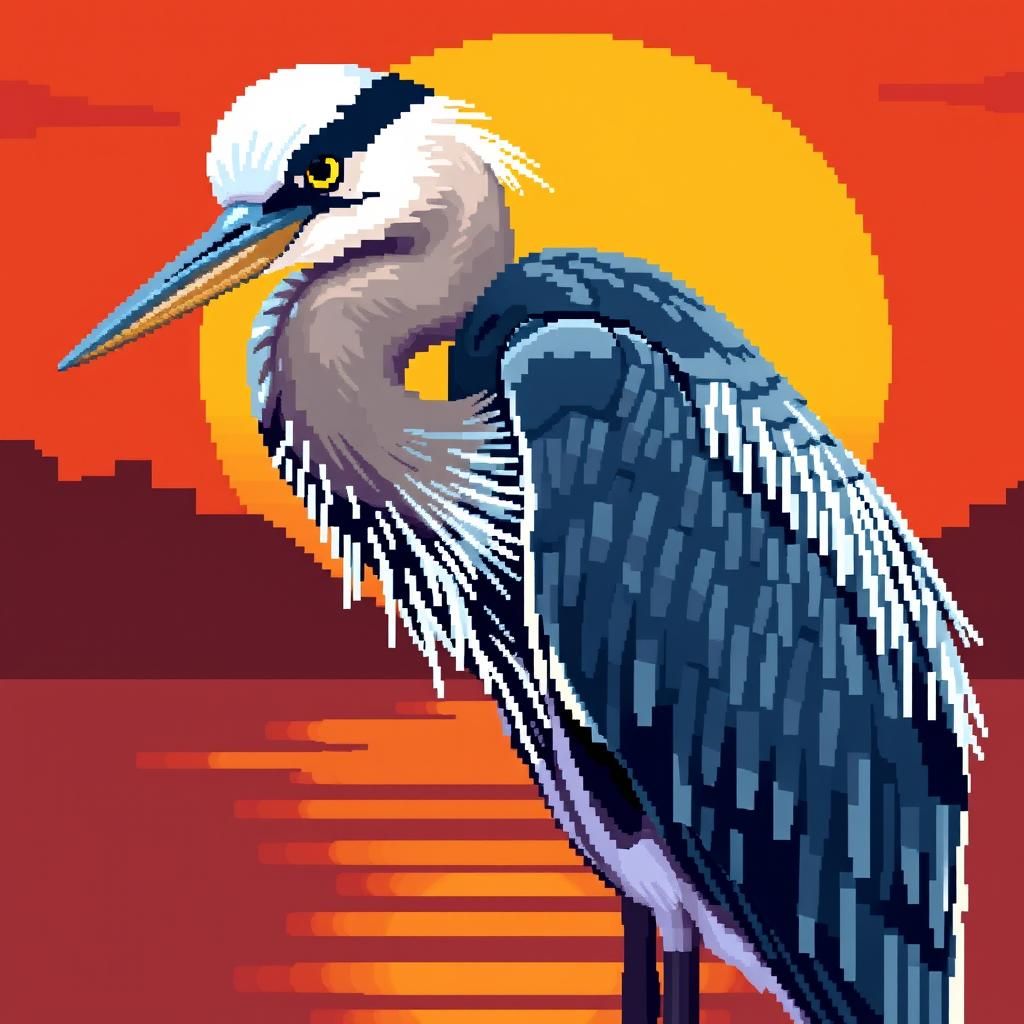 Majestic Great Blue Heron in Pixel Art Style