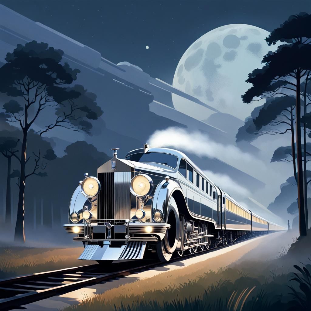 Vintage Futuristic Luxury Train Speeds Through Moonlit Count...