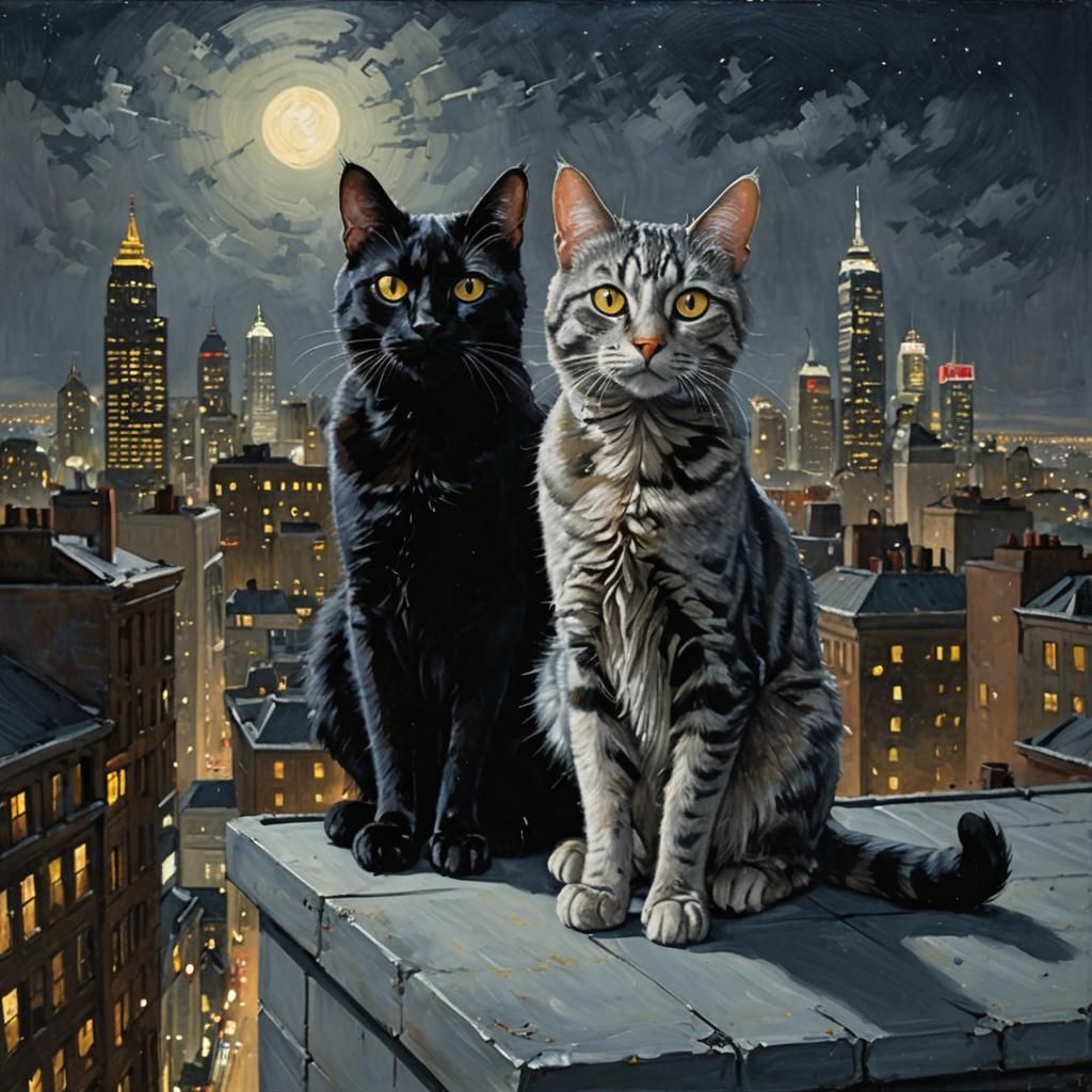Cats Watching City Lights as Oil Painting