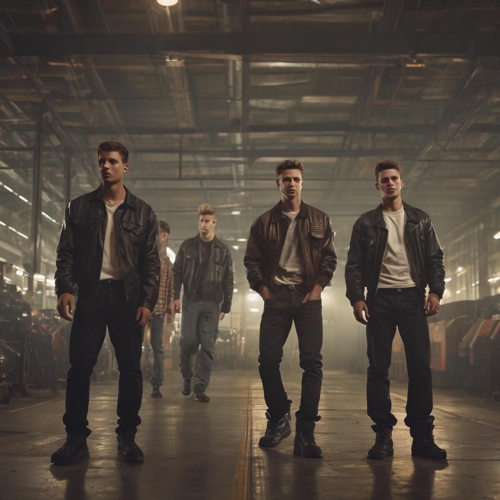 90s Boy Band Concert in Factory: Cinematic Film Still