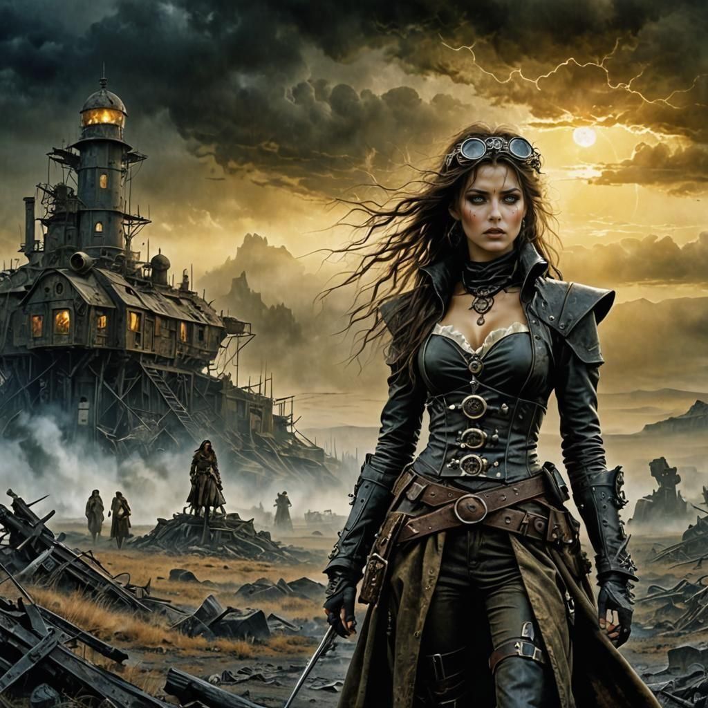 Wasteland Character in Surreal Steampunk Landscape