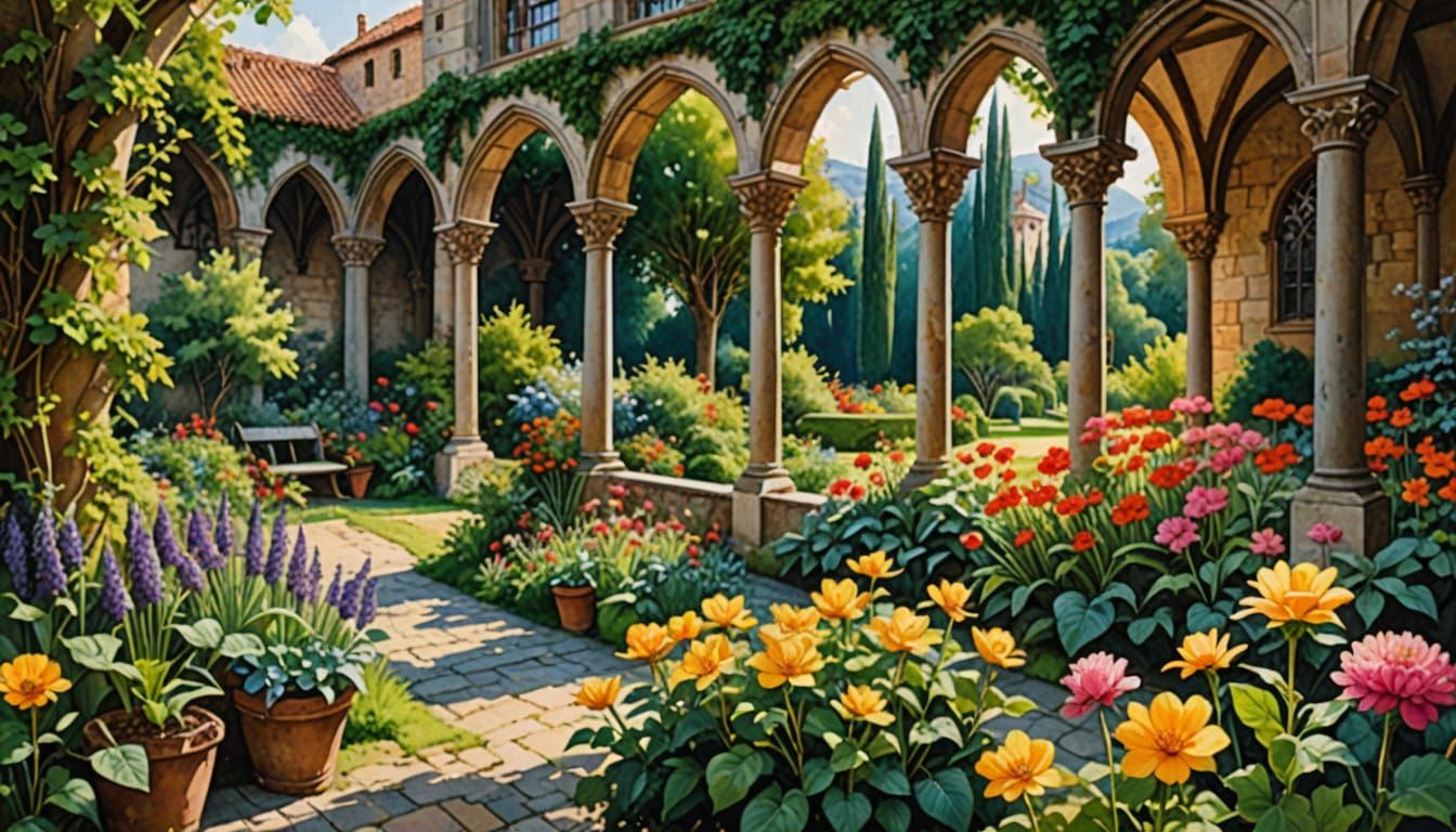 Medieval Monastery Gardens in Vibrant Watercolor