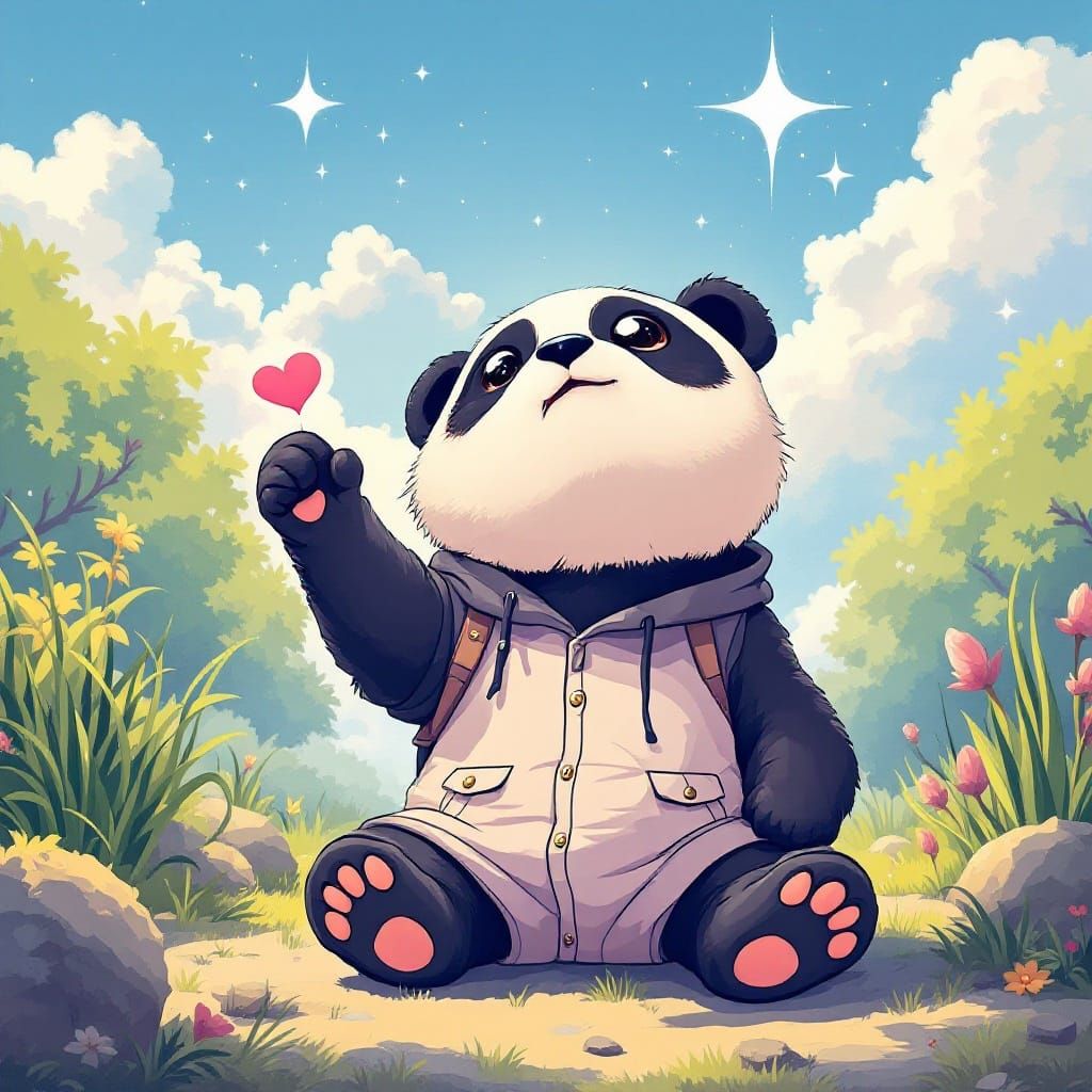 Adorable Panda Gazes Up at the Sky in Whimsical Anime Style