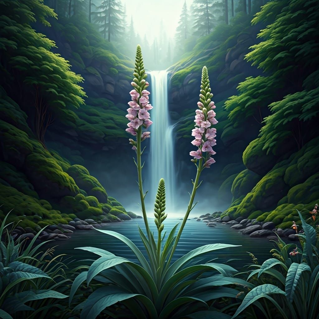 Mullein and Waterfall in Ethereal Fantasy Style