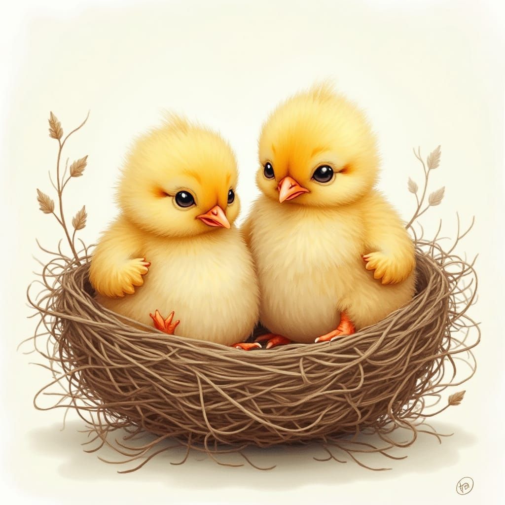 Birds Nest with Baby Chicks in Watercolor Style