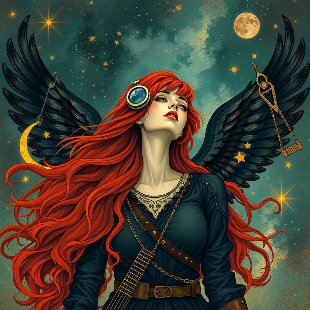 Vibrant Steampunk Goddess Amidst Celestial Music