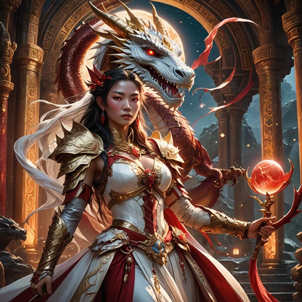 Dragon Goddess with Moon Dragon in Fantasy Realm