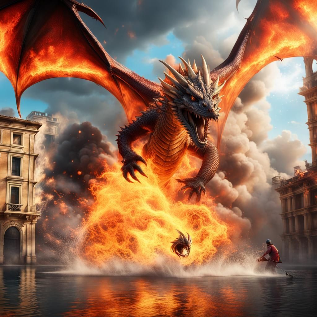 Firefighter and Dragon in Burning Escape, Realistic Image