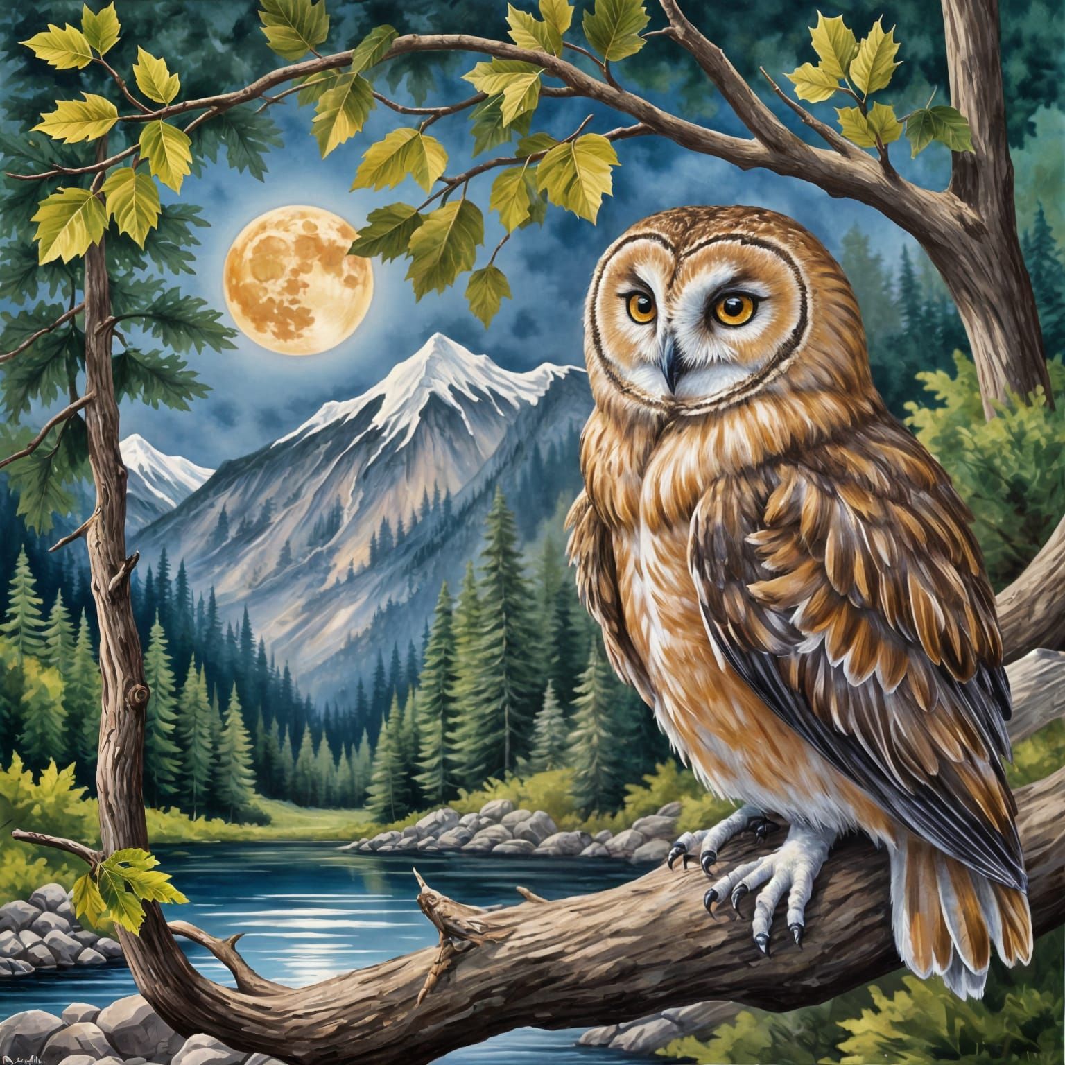 Gouache Owl Under Full Moon
