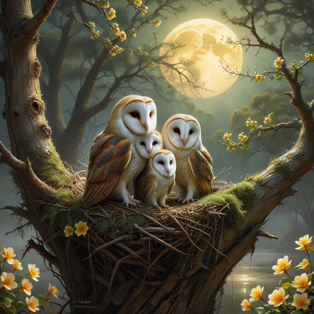 Barn Owls Under Orange Moonlight in Australian Landscape