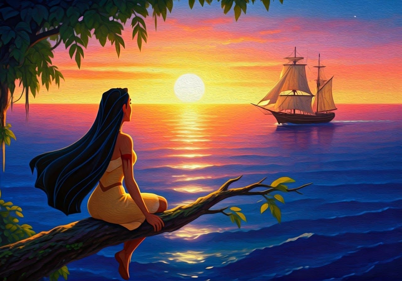 Pocahontas Watches a Ship at Sunset: Oil Painting
