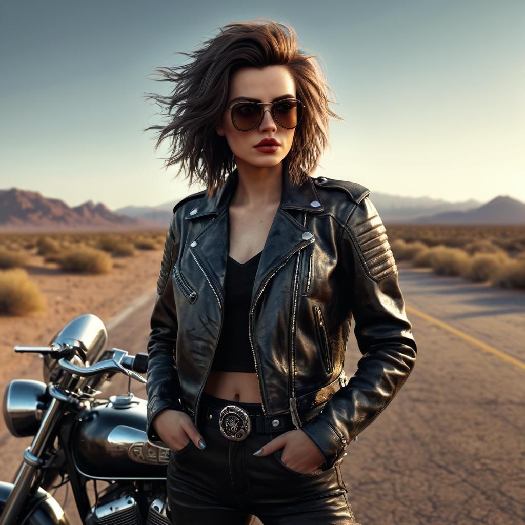 Motorcycle Girl in Leather Jacket, Photorealistic Style
