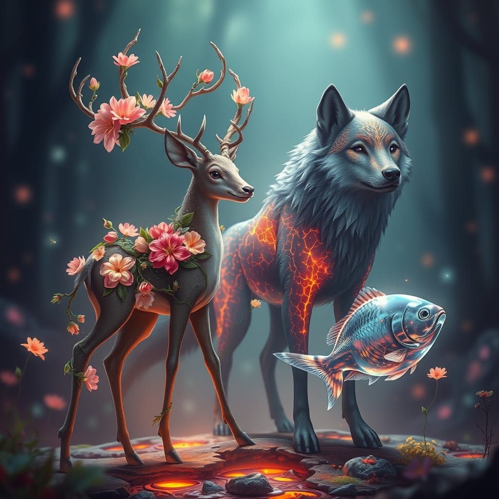 A delicate deer with a body composed of blooming florals and...