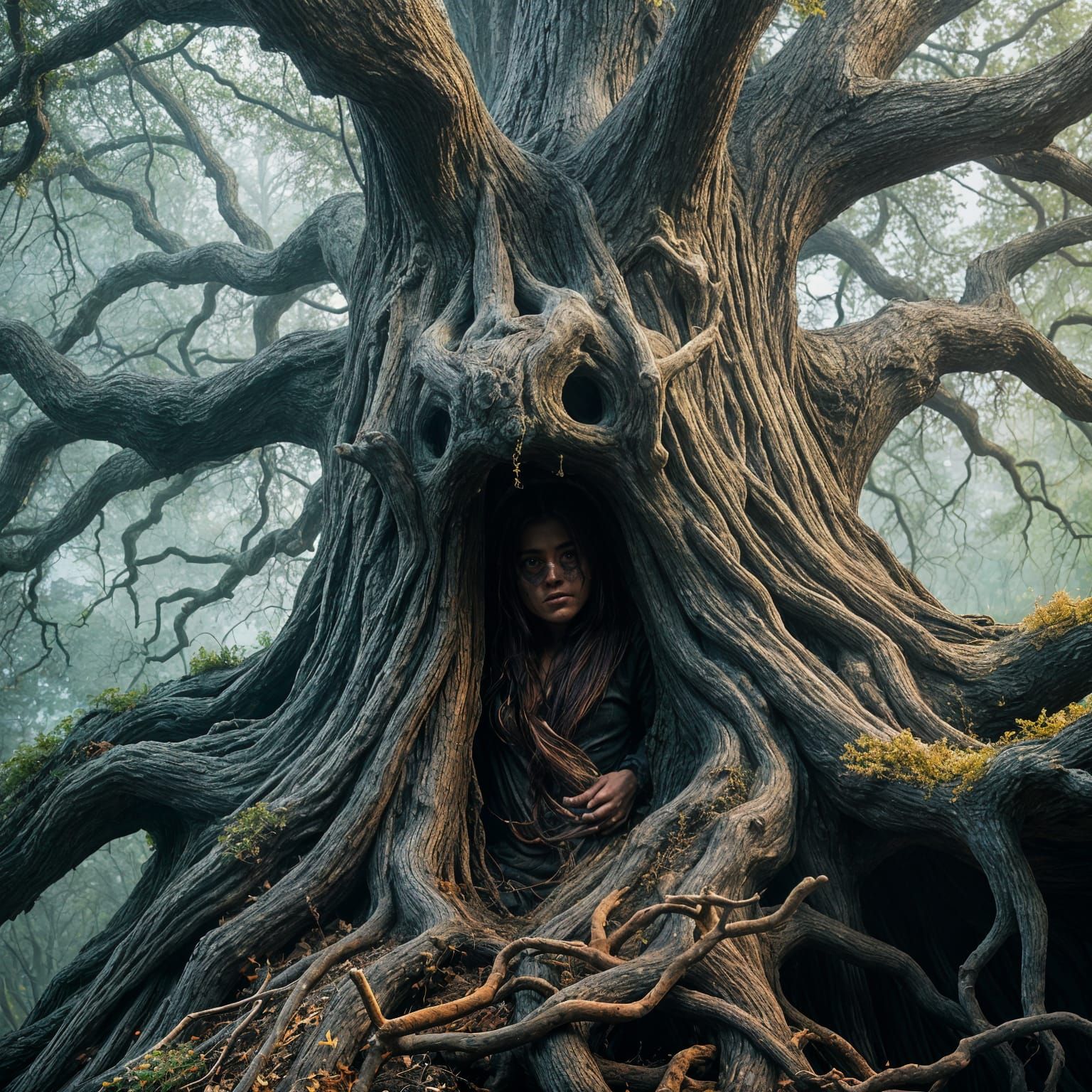 Fantastical Oak Tree Devouring a Mythical Figure in a Detail...