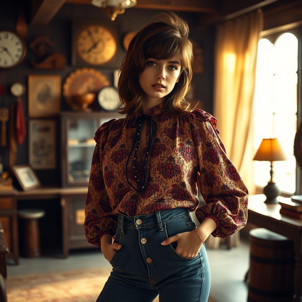 Retro Chic Woman in Golden Lighting