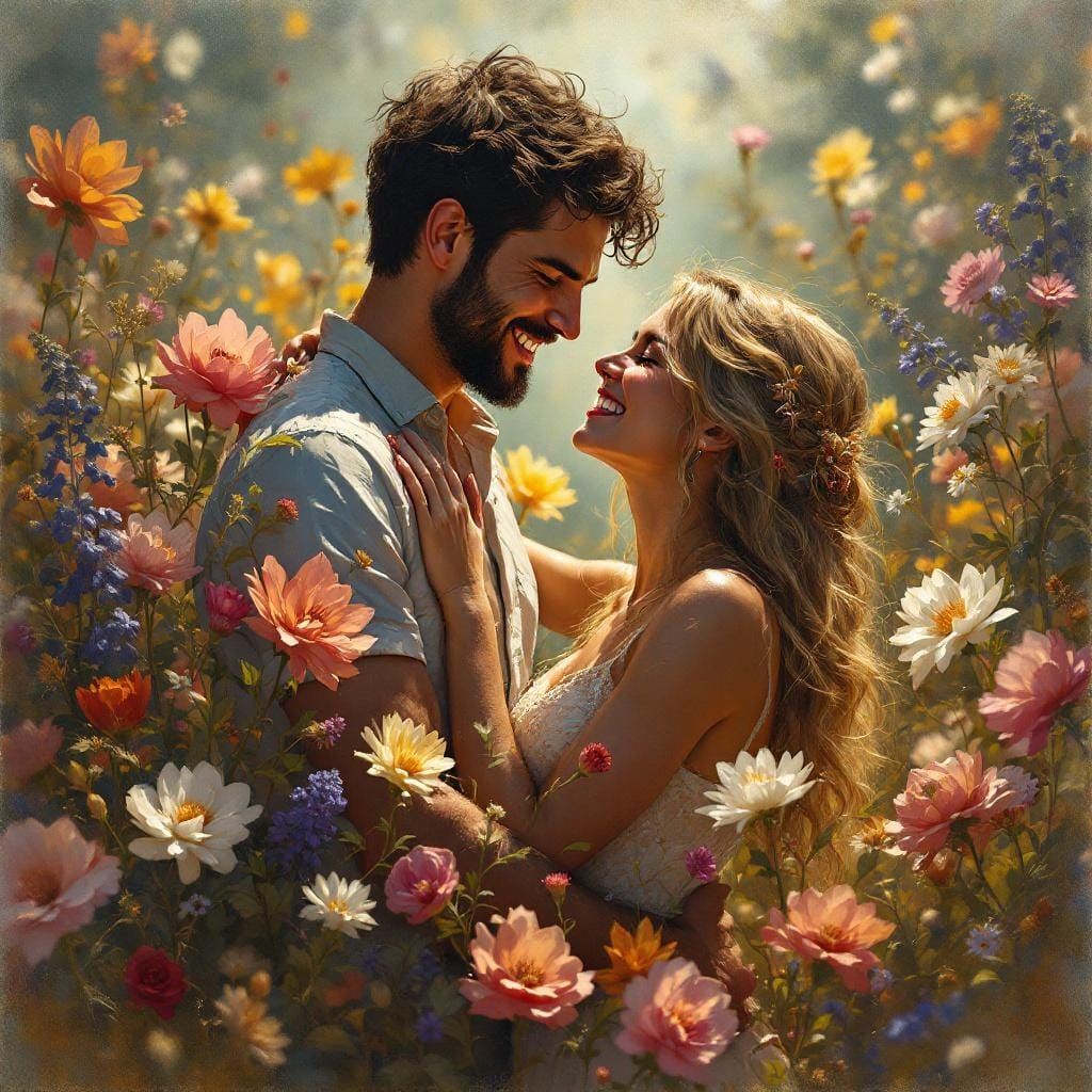 Joyful Couple's Floral Embrace in Oil Painting Style