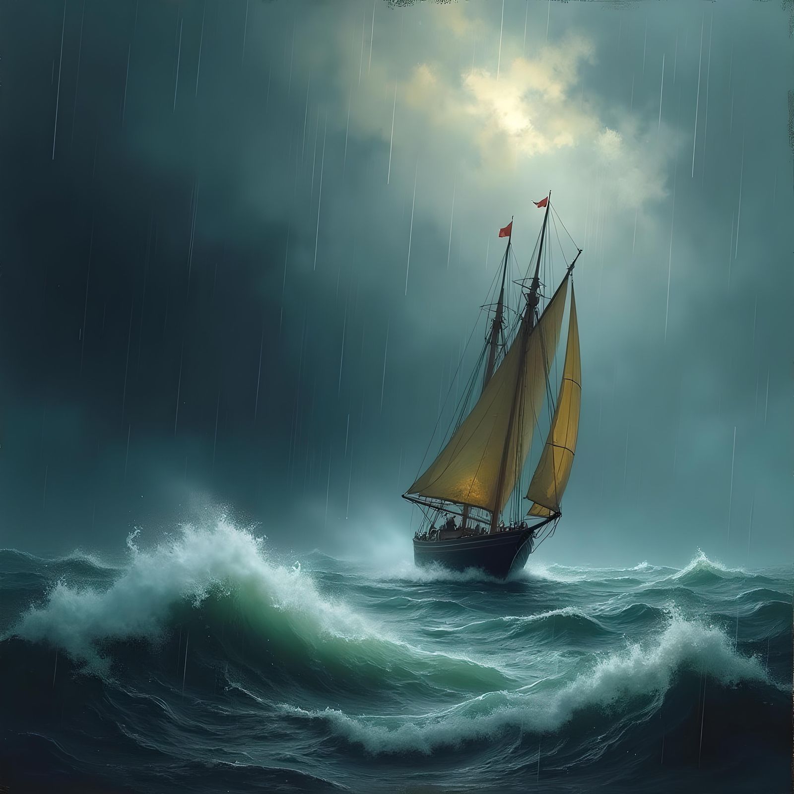 Boat Anchored in Stormy Sea