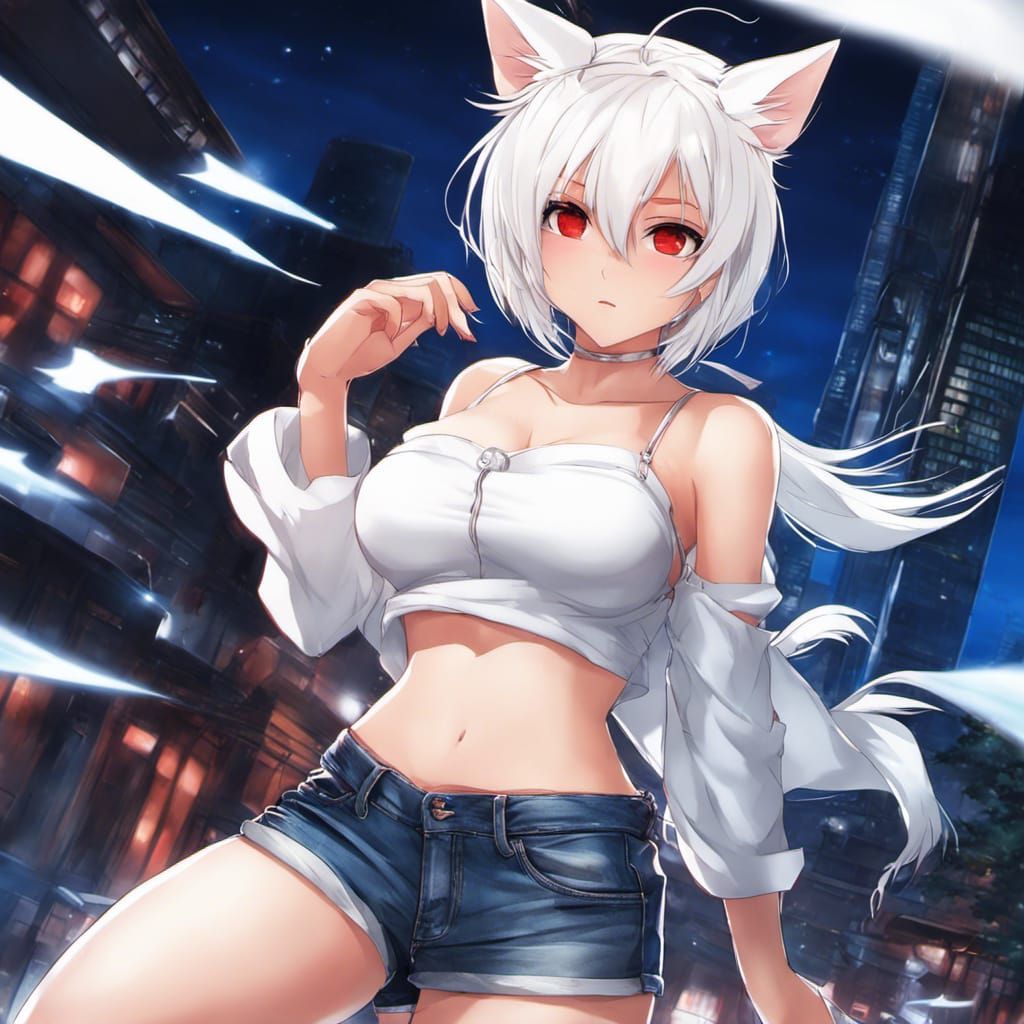 Anime Cat Girl with Red Eyes and White Hair