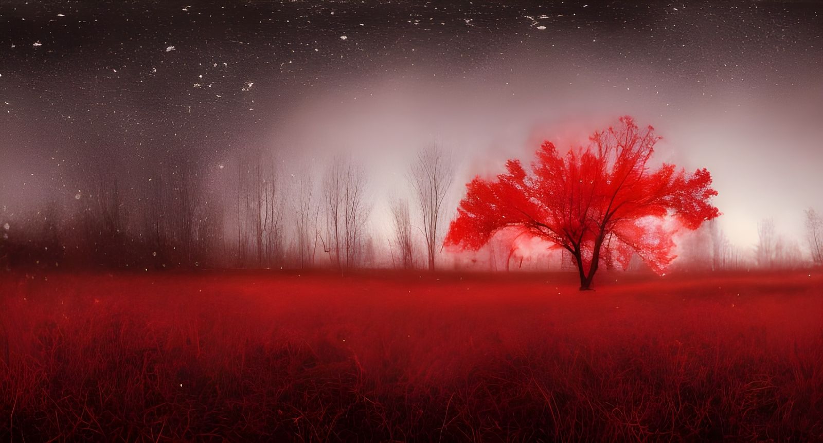 Burning Red Maple in Winter Night Landscape