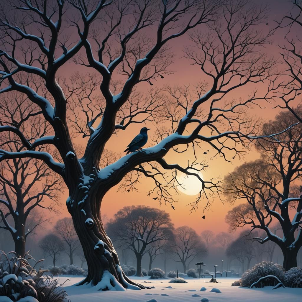 Winter Tree and Bird: Matte Painting in Fantasy Style