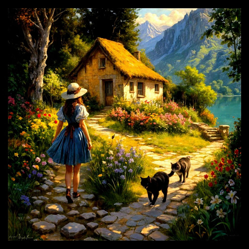Fantasy, girl, cat, lake, path, cottage, mountains, detailed background, by arthur rackham and pino daeni