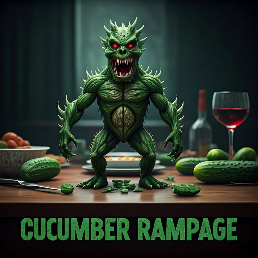 Hyperrealistic Cucumber Rampage on Dinner Table