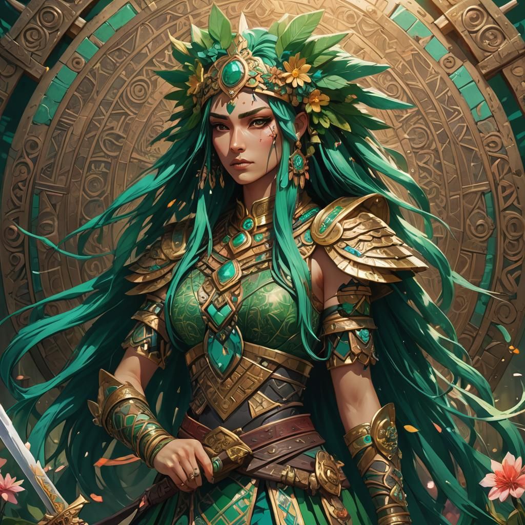 Anime Woman with Sword and Aztec Headdress