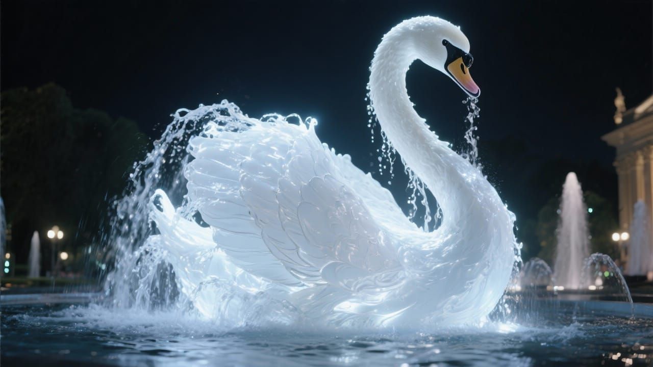 Surreal Water Swan Sculpture in Illuminated Fountain at Nigh...