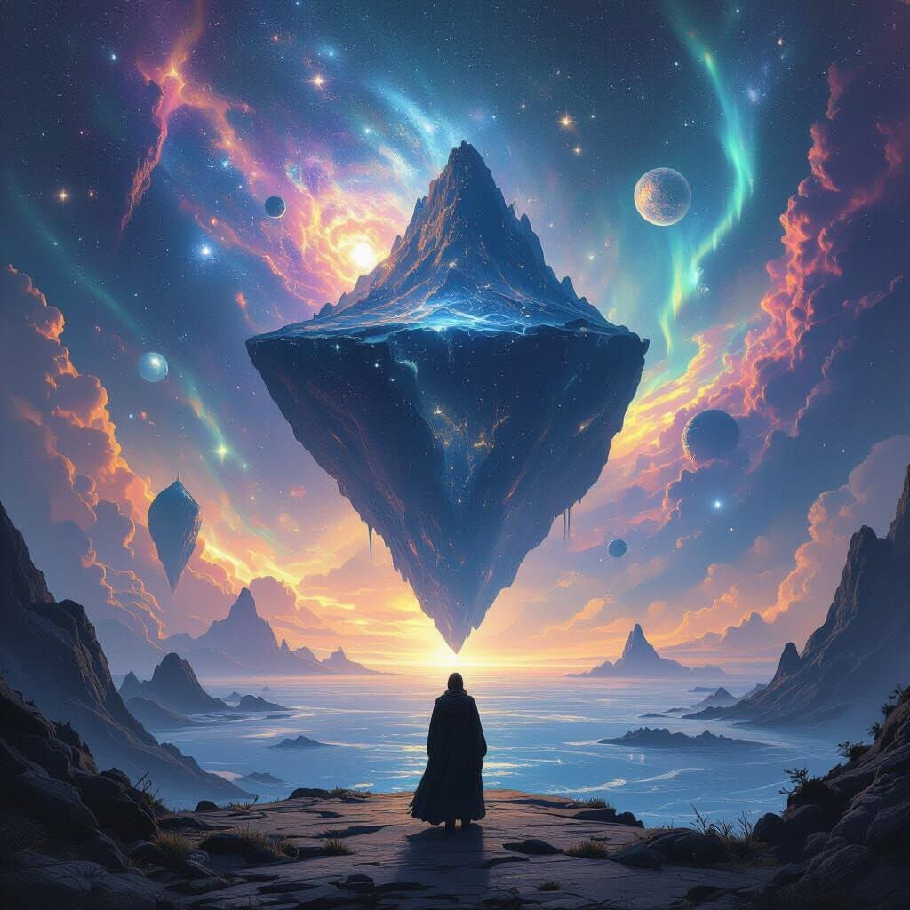 Ethereal Floating Mountain in Cosmic Ocean