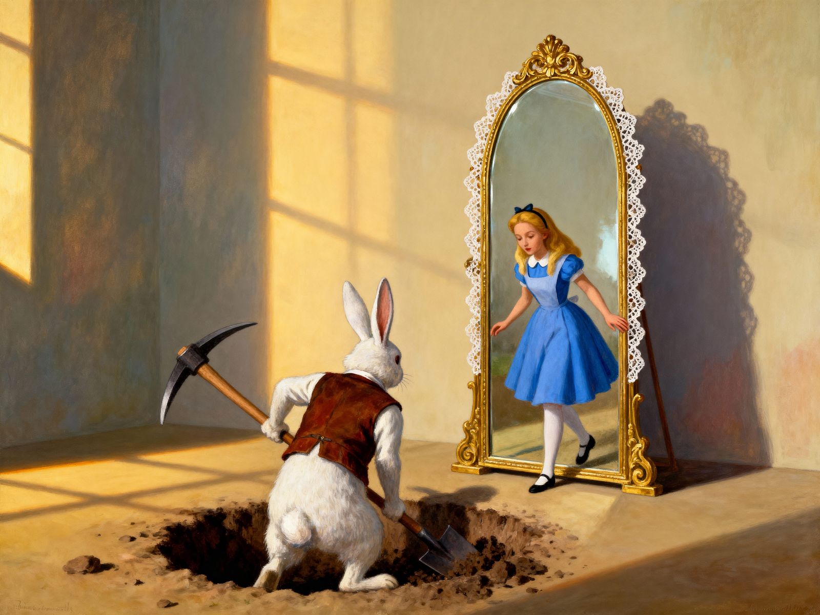 Alice Steps Through Mirror as White Rabbit Digs