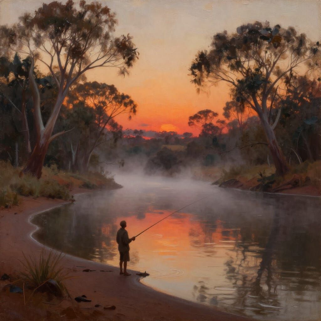 Misty Australian River Sunrise with Fisherman in Impasto Sty...