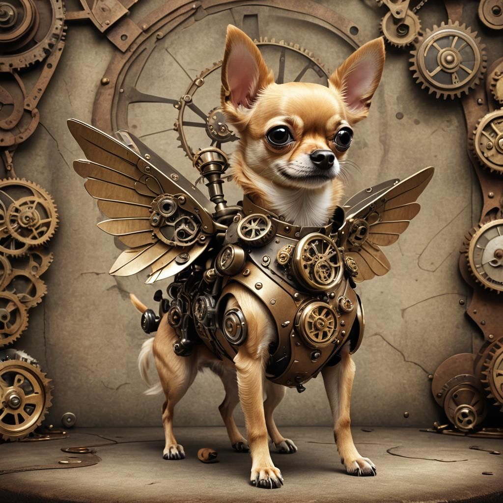 Steampunk Chihuahua with Mechanical Wings in 3D