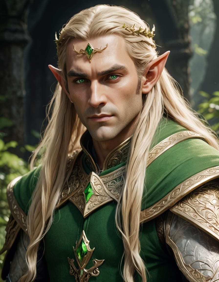 Male elf king with long blonde hair and green eyes.