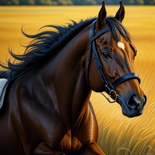 Running Horse Portrait in Golden Field as Oil Painting