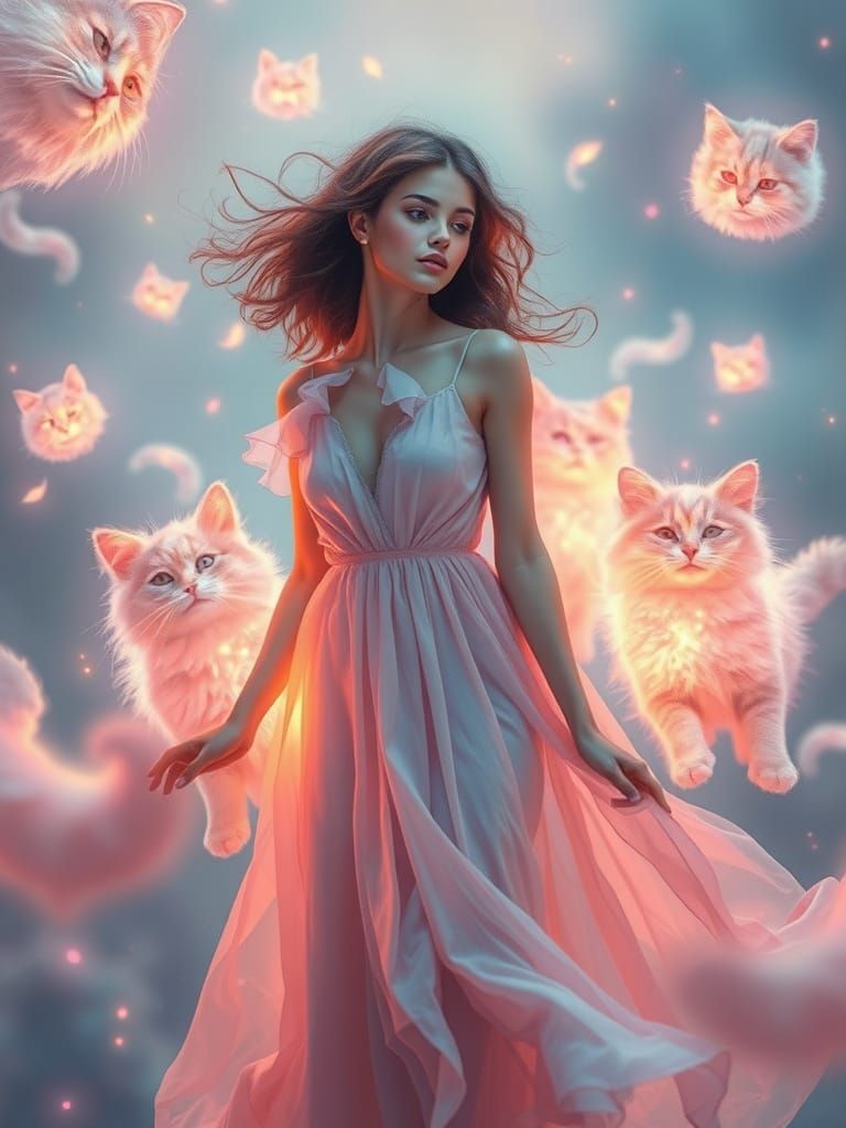 Ethereal Woman Surrounded by Glowing Cat Spirits