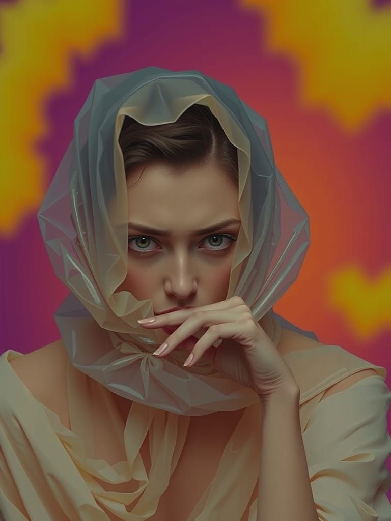 Ethereal Woman in Translucent White, Frustrated and Vulnerab...