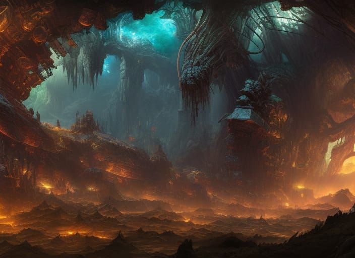 Glowing Moss Illuminates Ancient Mech Cave: Detailed Matte P...