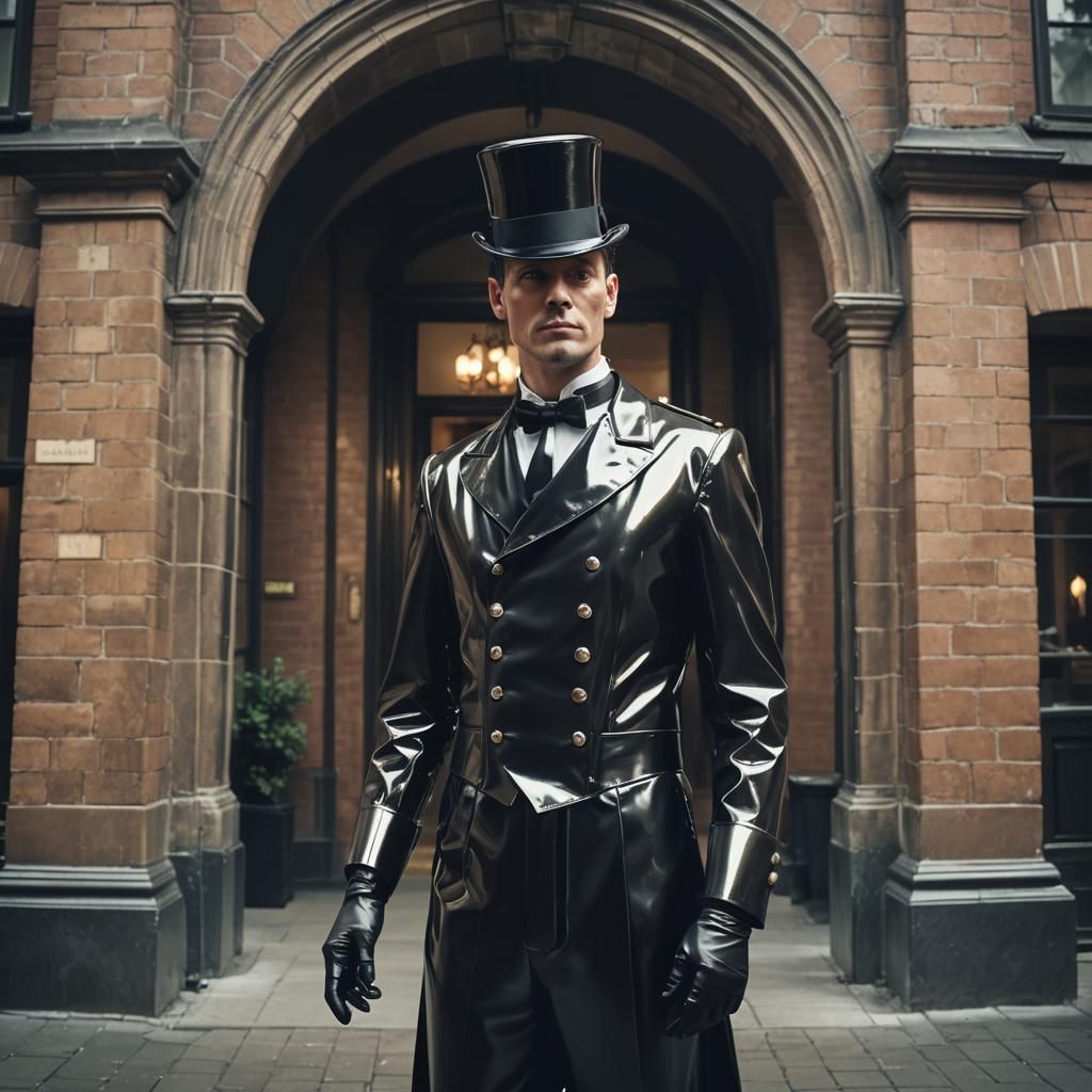 Butler in Shiny Latex Uniform: Cinematic Film Still