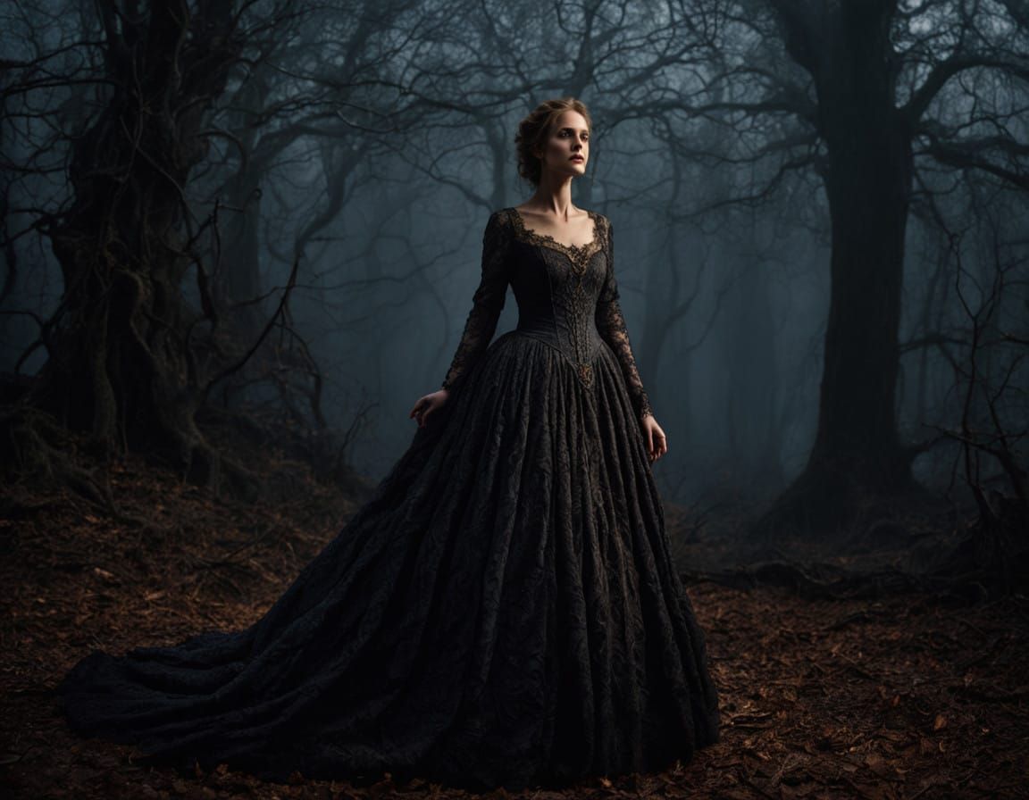 Mysterious Woman in Dark, Ornate Gown Amidst Twisted Forest