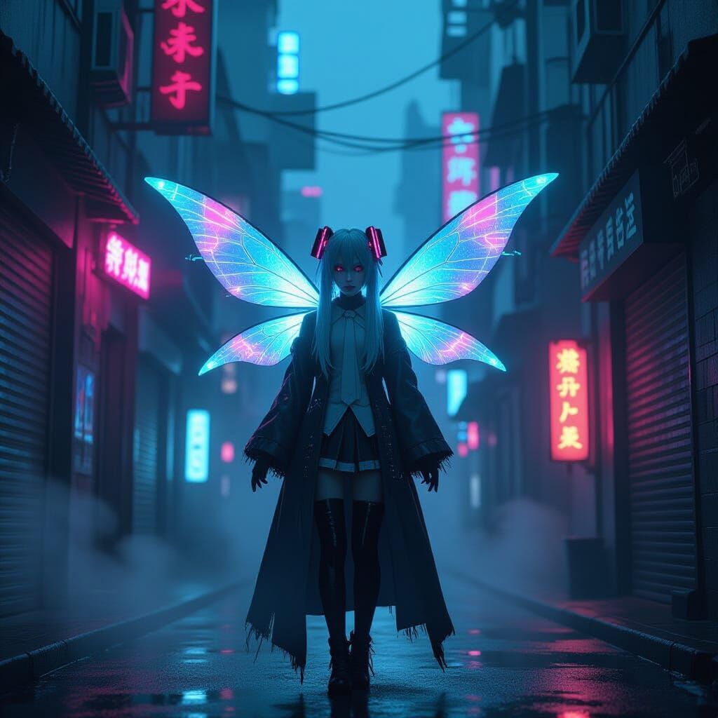 Hatsune Miku as Cyberpunk Fairy in Dystopian City