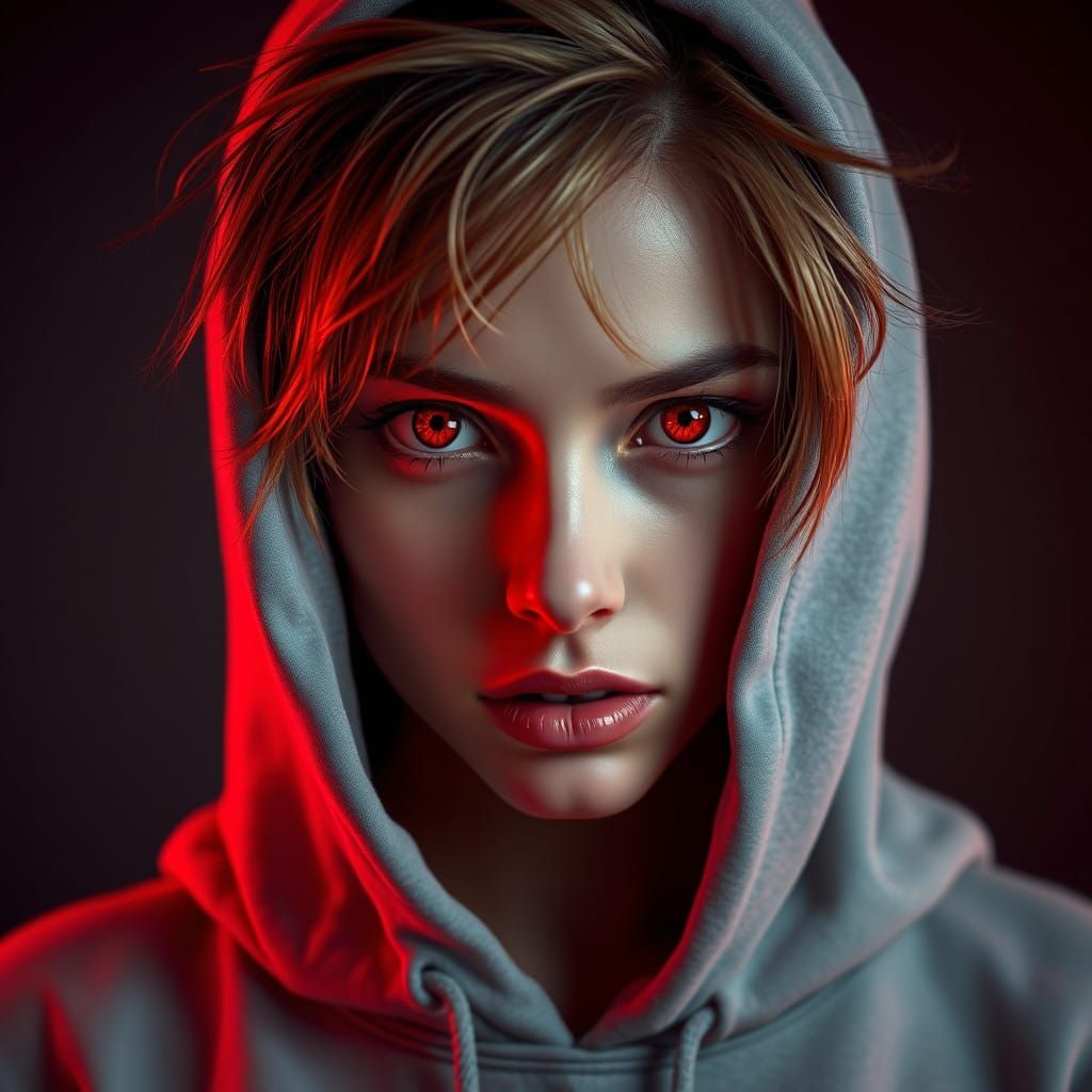 Intense Portrait of a Young Woman in a Gray Hoodie