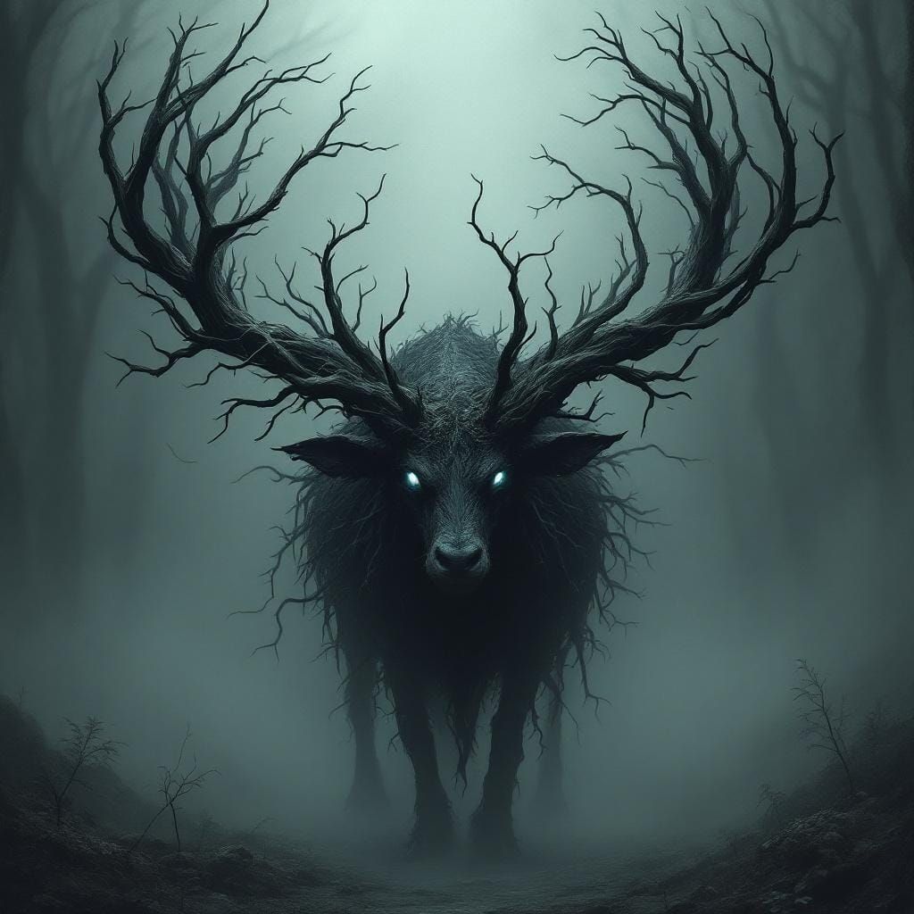 Eerie Hollow Stag in Misty Shadow, Atmospheric Art