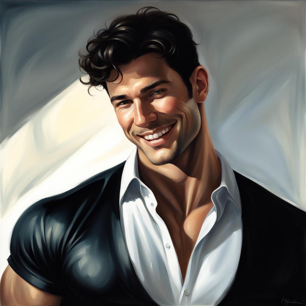 Painting of a Handsome, muscular man. He has dark short wavy...